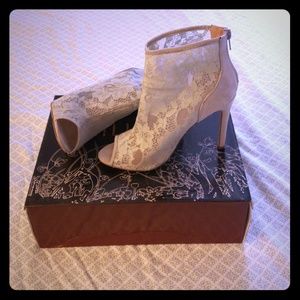 Grey, lace peep-toe booties